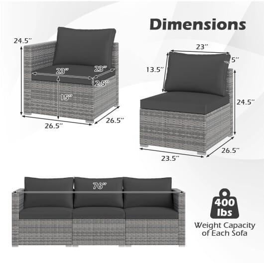 3 Pieces Patio Sectional Sofa Set PE Rattan Modular Couch Furniture Set with Soft Cushions-Black