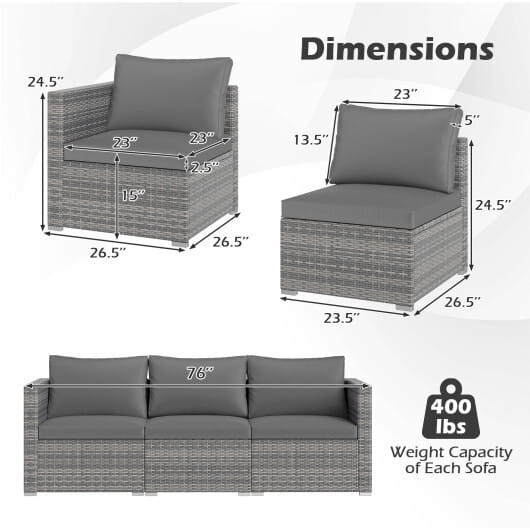 3 Pieces Patio Sectional Sofa Set PE Rattan Modular Couch Furniture Set with Soft Cushions-Black