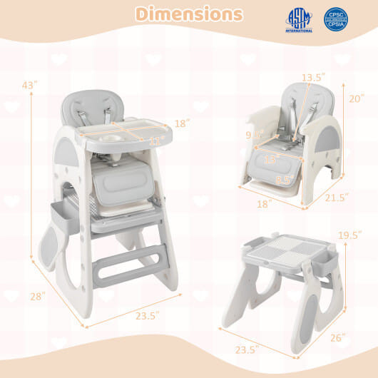 Convertible Baby High Chair with Double-layer Tray and Adjustable Backrest-Pink