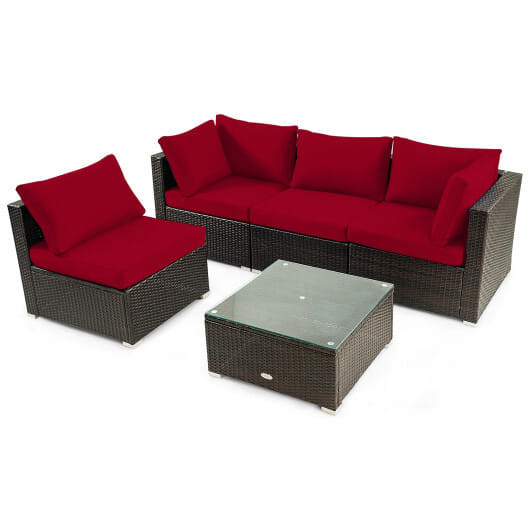 5 Pieces Cushioned Patio Rattan Furniture Set with Glass Table-White