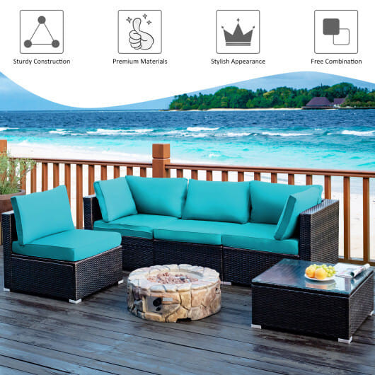 5 Pieces Cushioned Patio Rattan Furniture Set with Glass Table-White