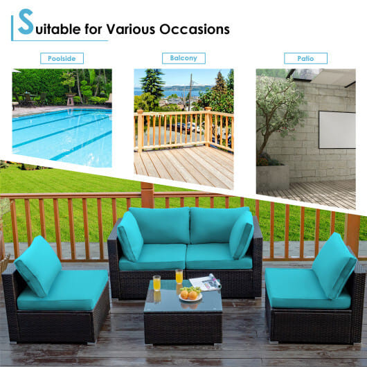 5 Pieces Cushioned Patio Rattan Furniture Set with Glass Table-White