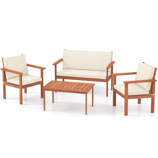 4 Pieces Patio Furniture Set Acacia Wood Porch Chairs with Table-White