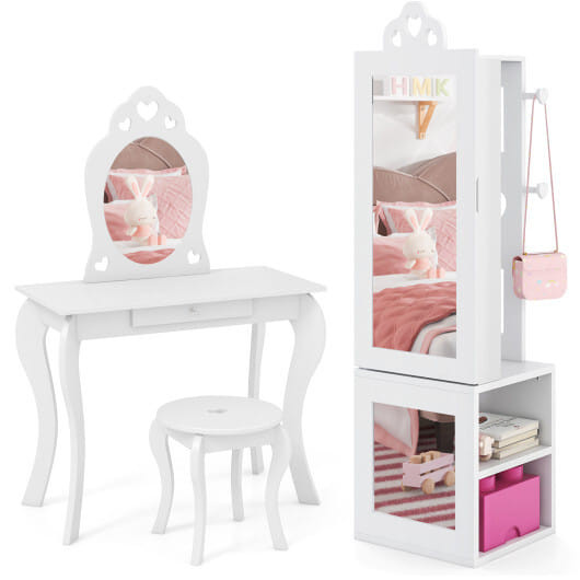 Princess Vanity Table and Stool Set Freestanding Jewelry Cabinet Armoire with Full-Length Mirror-Wh