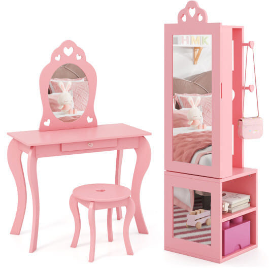 Princess Vanity Table and Stool Set Freestanding Jewelry Cabinet Armoire with Full-Length Mirror-Wh
