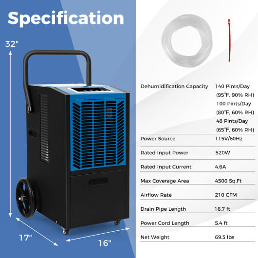 140 Pints Commercial Dehumidifier Crawl Space Dehumidifier with Pump and Drain Hose-White