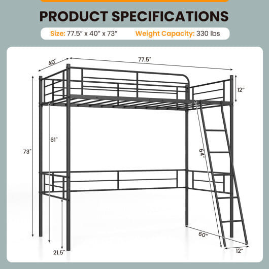 Metal Loft Twin Bed Frame Single High Loft Bed-Black