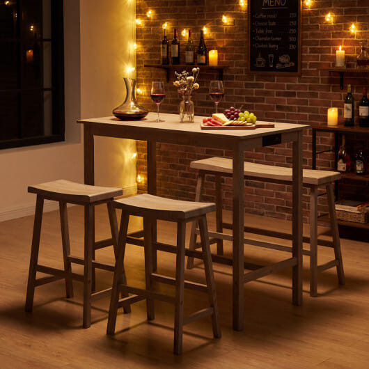 4-Piece Counter Height Dining Table Set with Power Outlet Solid Rubber Wood Kitchen Table-Gray