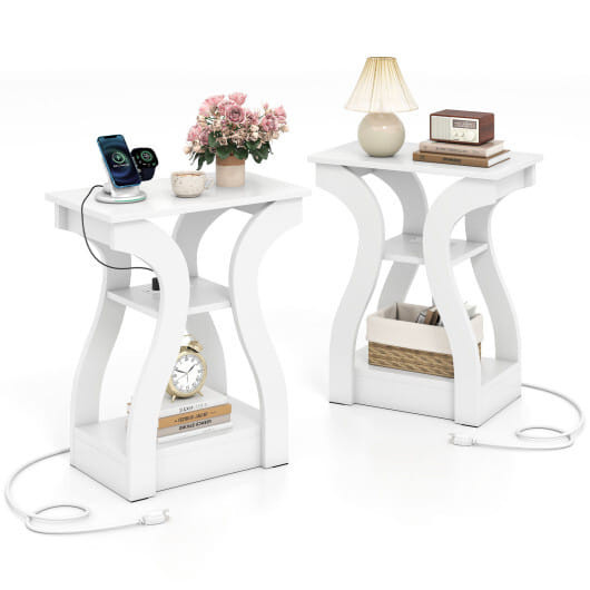 3-Tier End Tables with Charging Station Set of 2 with Open Storage Shelves-Cherry