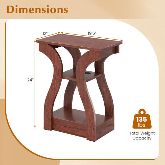 3-Tier End Tables with Charging Station Set of 2 with Open Storage Shelves-Cherry