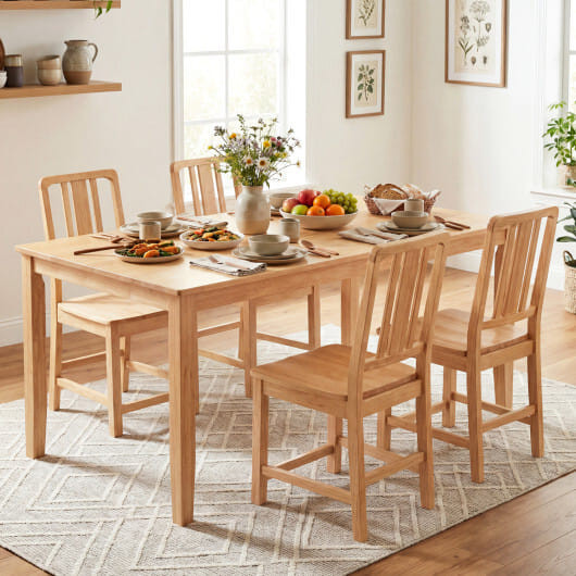 Rubber Wood Dining Chairs Set of 2 with Hollowed Backrest-Natural