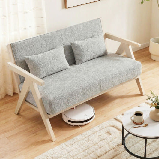 Loveseat Sofa for Small Spaces with Throw Pillows Rubber Wood Frame Padded Seat-Brown