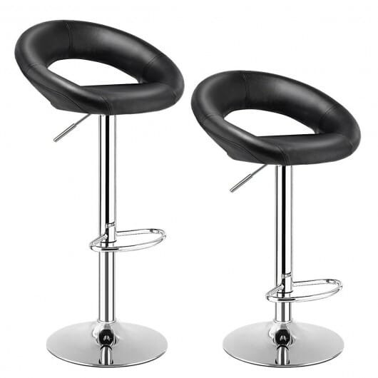 Height Adjustable Bar Stools Set of 2 with Hollow Back and Footrest-Black