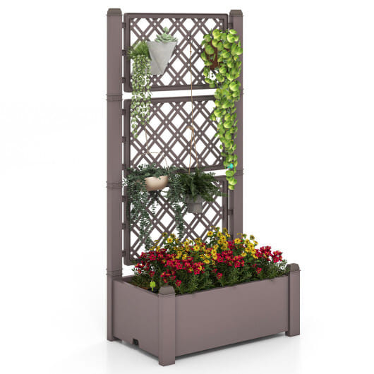 Outdoor Planter Box Self-Watering Raised Garden Bed Trellis with Water Level Indicator-Greyish-white