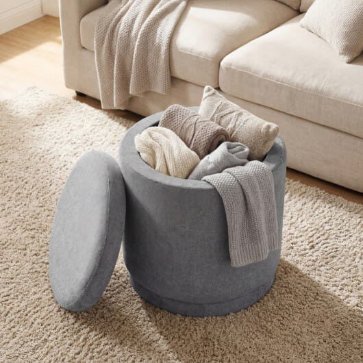 Round Storage Ottoman Foot Rest with Removable Lid and Acacia Wood Frame-Gray