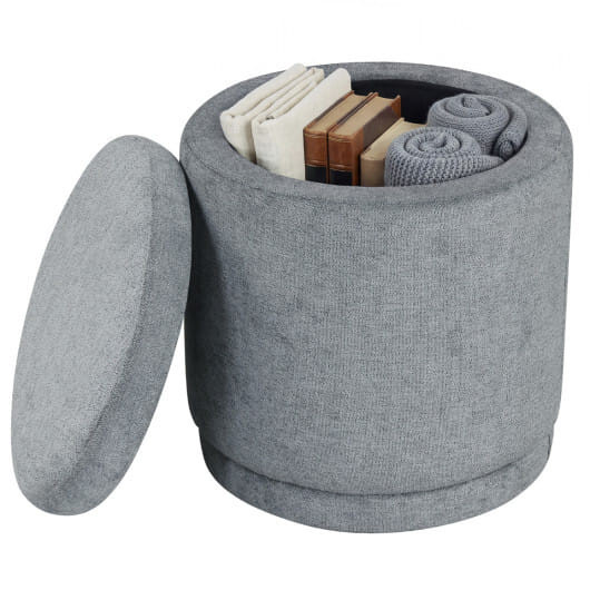 Round Storage Ottoman Foot Rest with Removable Lid and Acacia Wood Frame-Gray