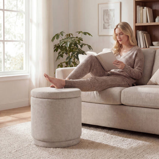 Round Storage Ottoman Foot Rest with Removable Lid and Acacia Wood Frame-Gray