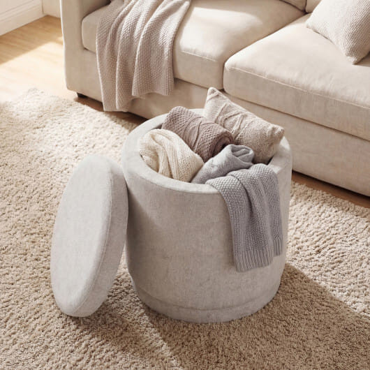 Round Storage Ottoman Foot Rest with Removable Lid and Acacia Wood Frame-Gray