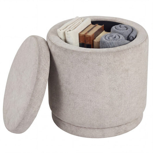 Round Storage Ottoman Foot Rest with Removable Lid and Acacia Wood Frame-Gray