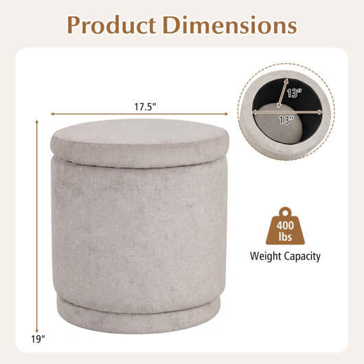 Round Storage Ottoman Foot Rest with Removable Lid and Acacia Wood Frame-Gray