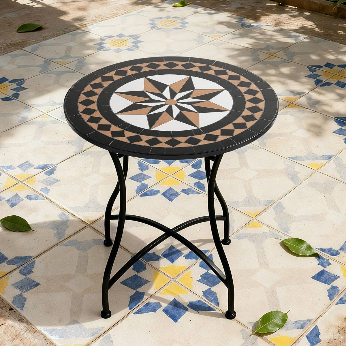 Round 24-inch Black Tan Mosaic Tile Star Pattern Bistro Table with Metal Legs