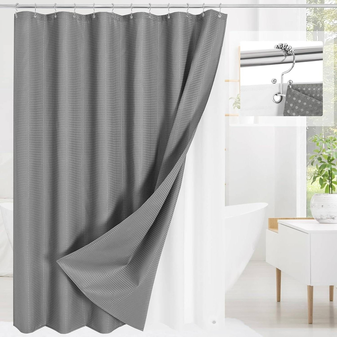72"W x 78"H Grey Waffle Textured 3 in 1 Shower Curtain Set