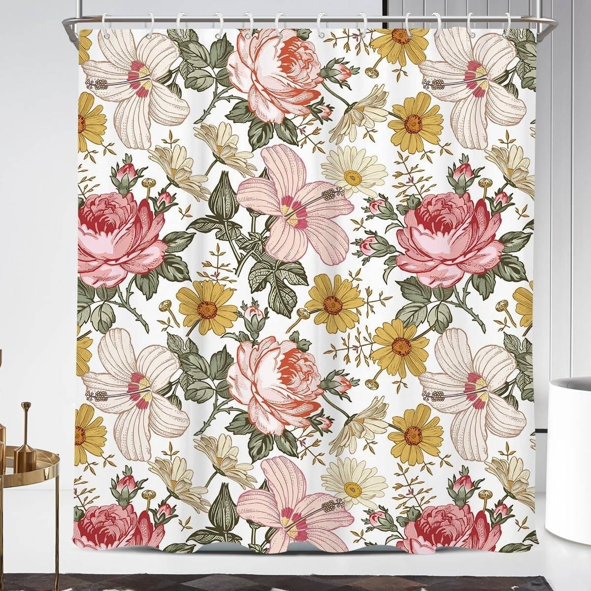 72"W x 72"H Vintage Floral Peony Pink Polyester Shower Curtain