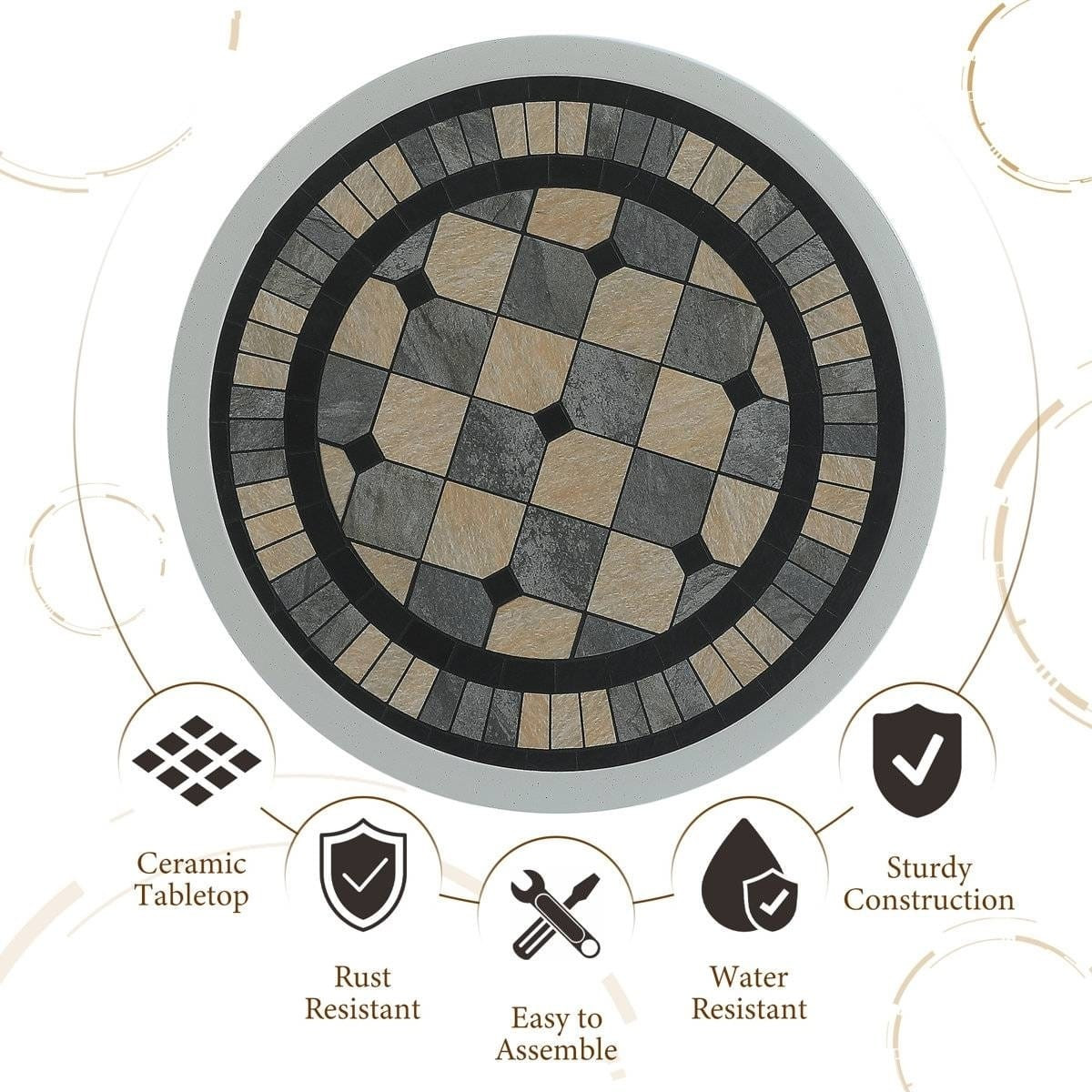 Round Ceramic Tile Outdoor Patio Bistro Table with Off White Metal Base