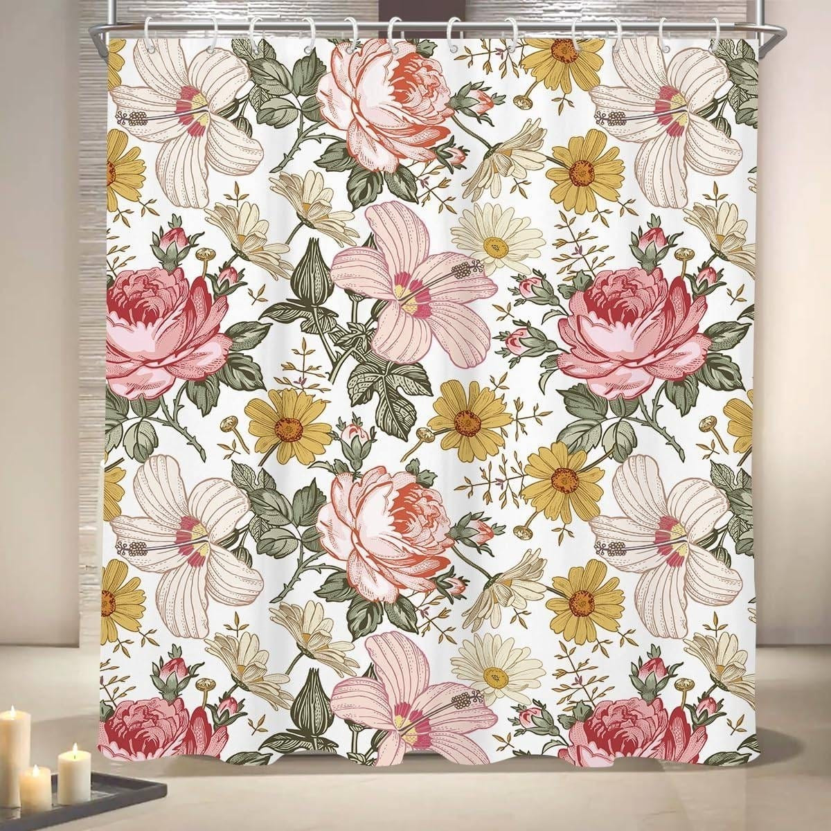 72"W x 84"H Vintage Floral Peony Pink Polyester Shower Curtain