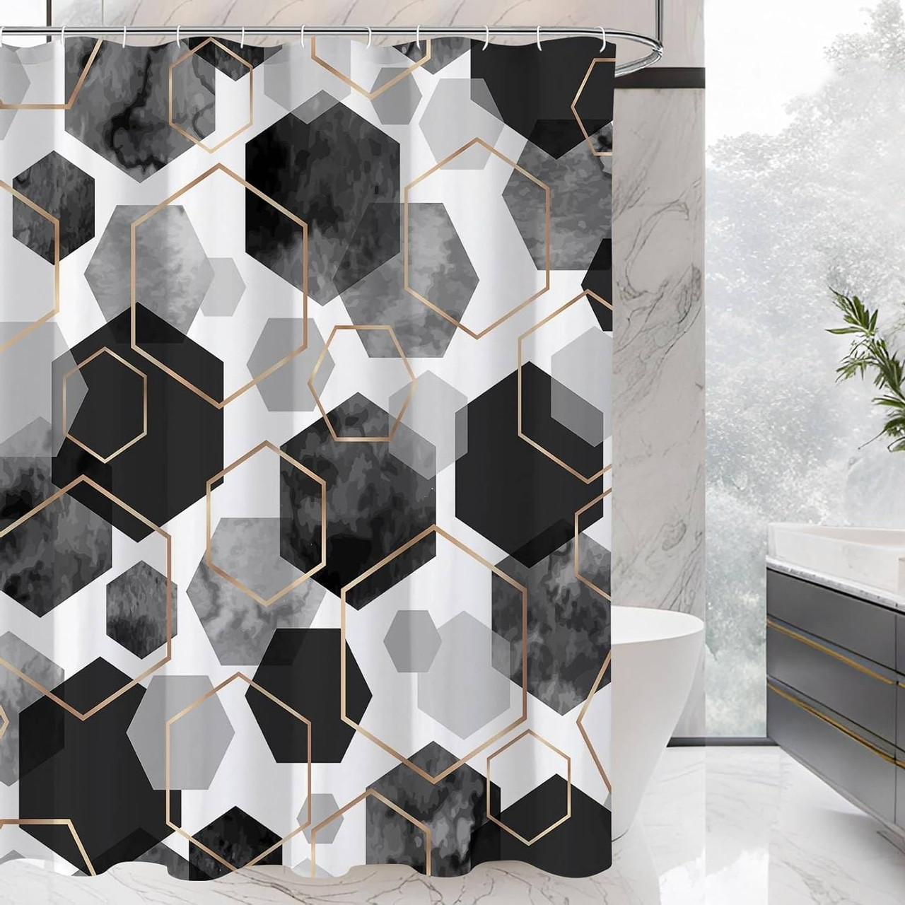 72"W x 72"H Black White Hexagonal Pattern Polyester Shower Curtain