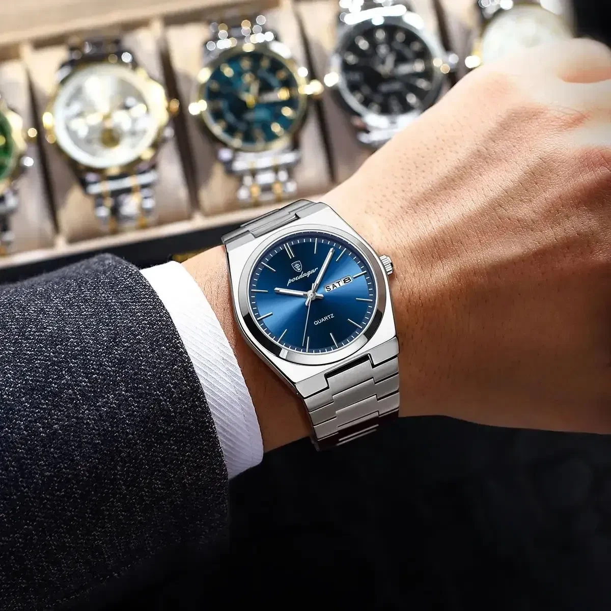 Color: Ivory - POEDAGAR Luxury Watch For Man Waterproof Luminous Date Week Stainless Steel Men Watc