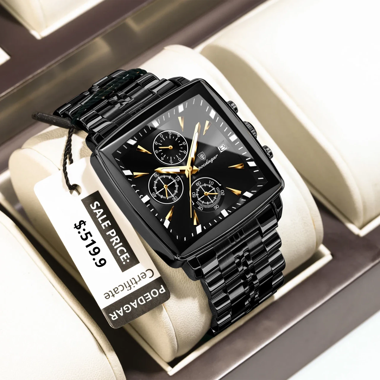 POEDAGAR Business Men Clock Waterproof Luminous Calendar Chronograph Square Man Watch Stainless Ste
