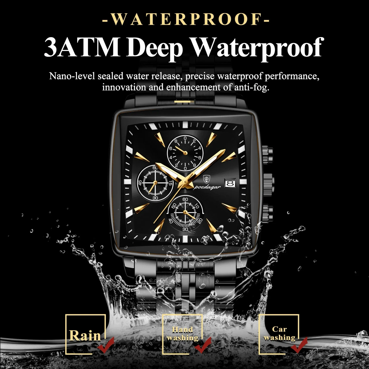 POEDAGAR Business Men Clock Waterproof Luminous Calendar Chronograph Square Man Watch Stainless Ste