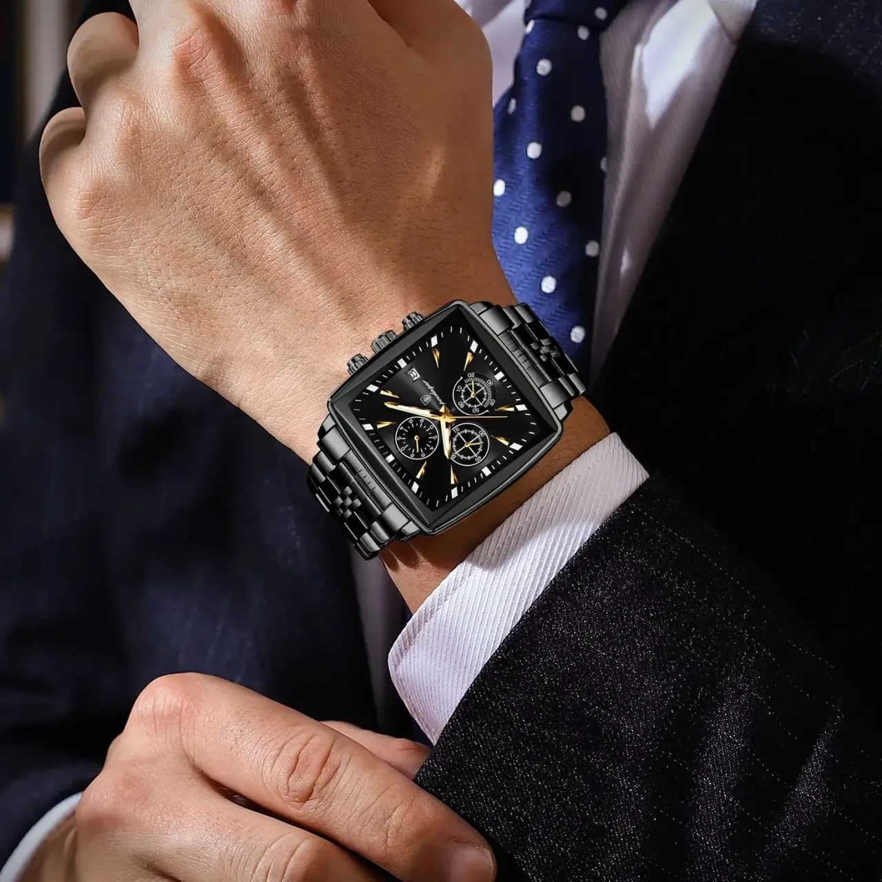 POEDAGAR Business Men Clock Waterproof Luminous Calendar Chronograph Square Man Watch Stainless Ste
