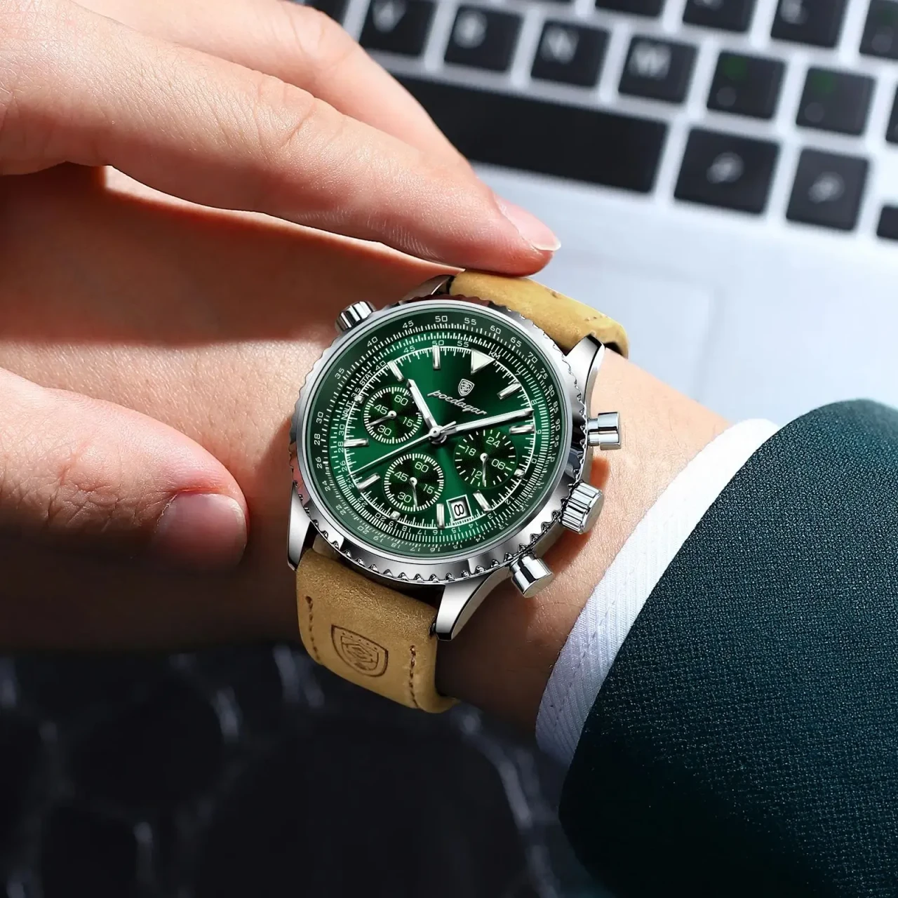 POEDAGAR Luxury Man Watch Quartz Waterproof Luminous Date Chronograph Leather Men Wristwatch Milita