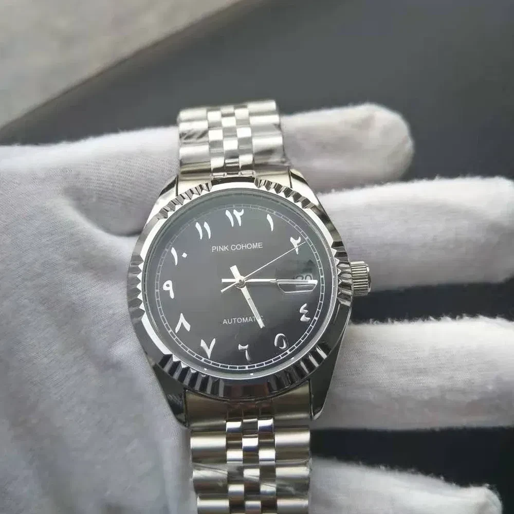 Color: Ivory - Luxury Steel Arabic Numbers Watches Automatic Movement Urdu Numerals Mechanical Wris