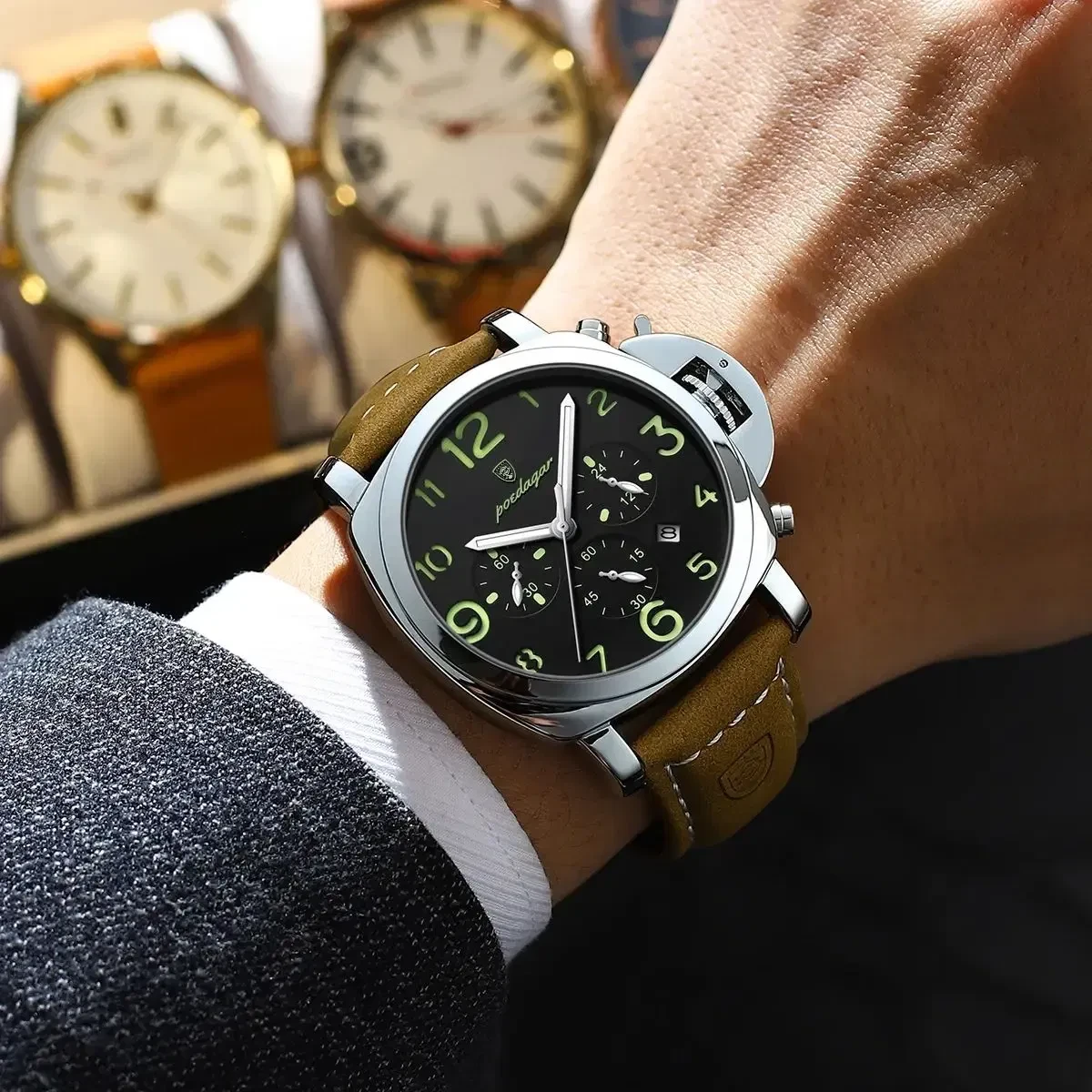 POEDAGAR Luxury Military Watch For Men Waterproof Luminous Leather Man Watch Quartz High Quality Me
