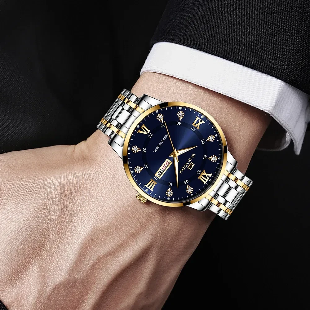 Color: Multicolor - Top Brand Men Watch Stainless Steel Top Quailty Luxury Push Button Hidden Clasp