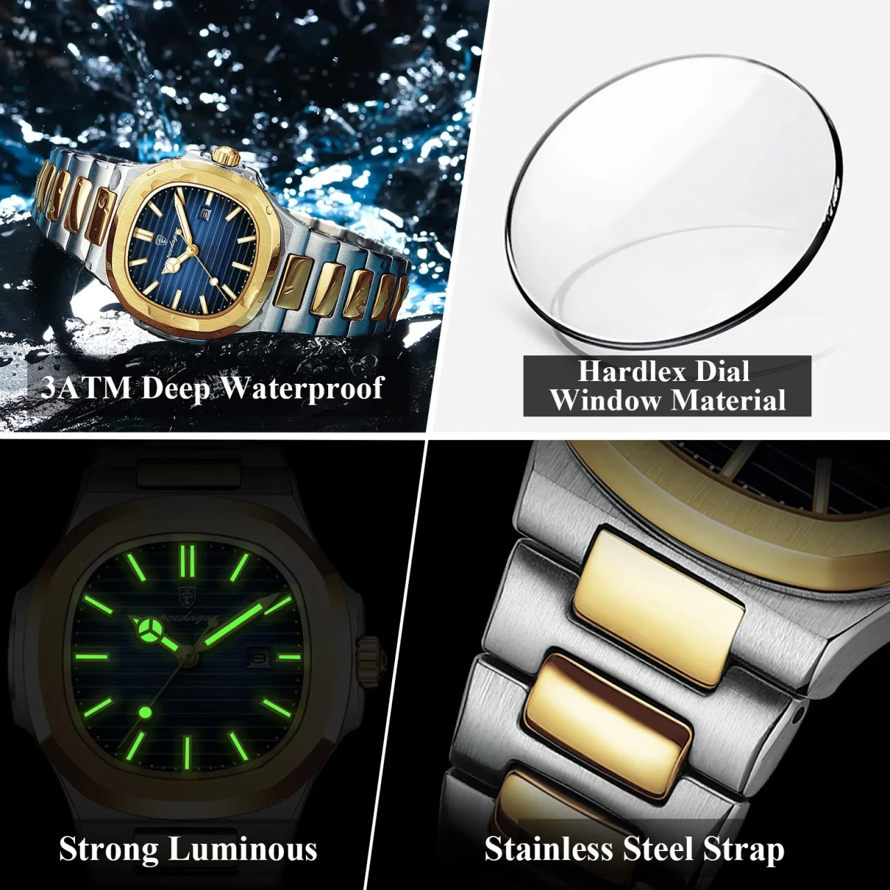 POEDAGAR Luxury Square Watch for Woman Waterproof Luminous Date Ladies Watch Stainless Steel Quartz