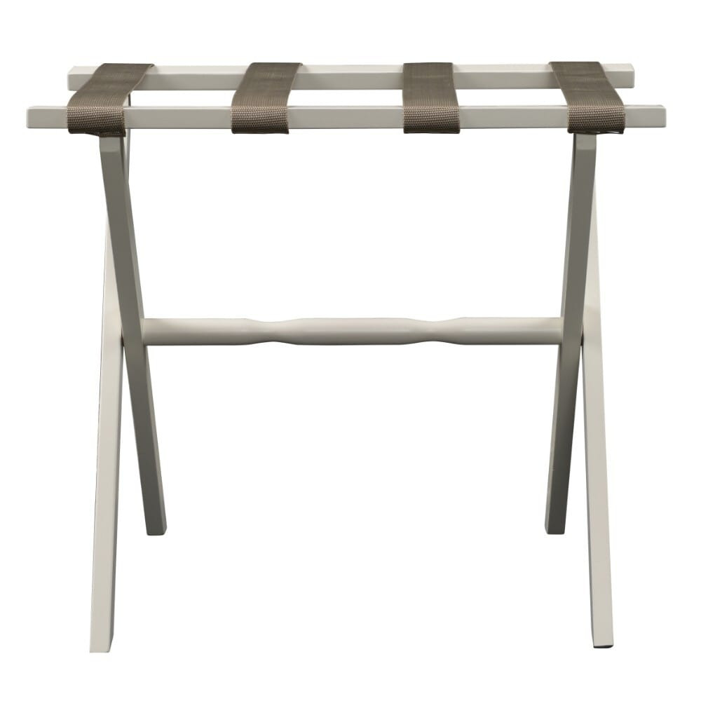 Hotel Ivory Finish Wood Folding Luggage Rack With Tan Straps