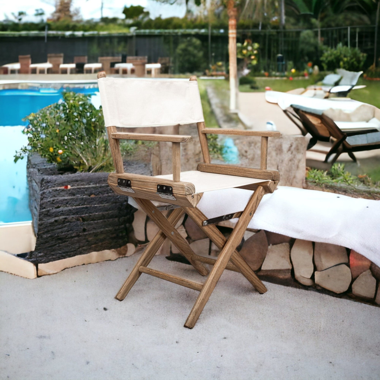 23" Brown and Ivory and Natural Wood Solid Wood Indoor Outdoor Director Chair