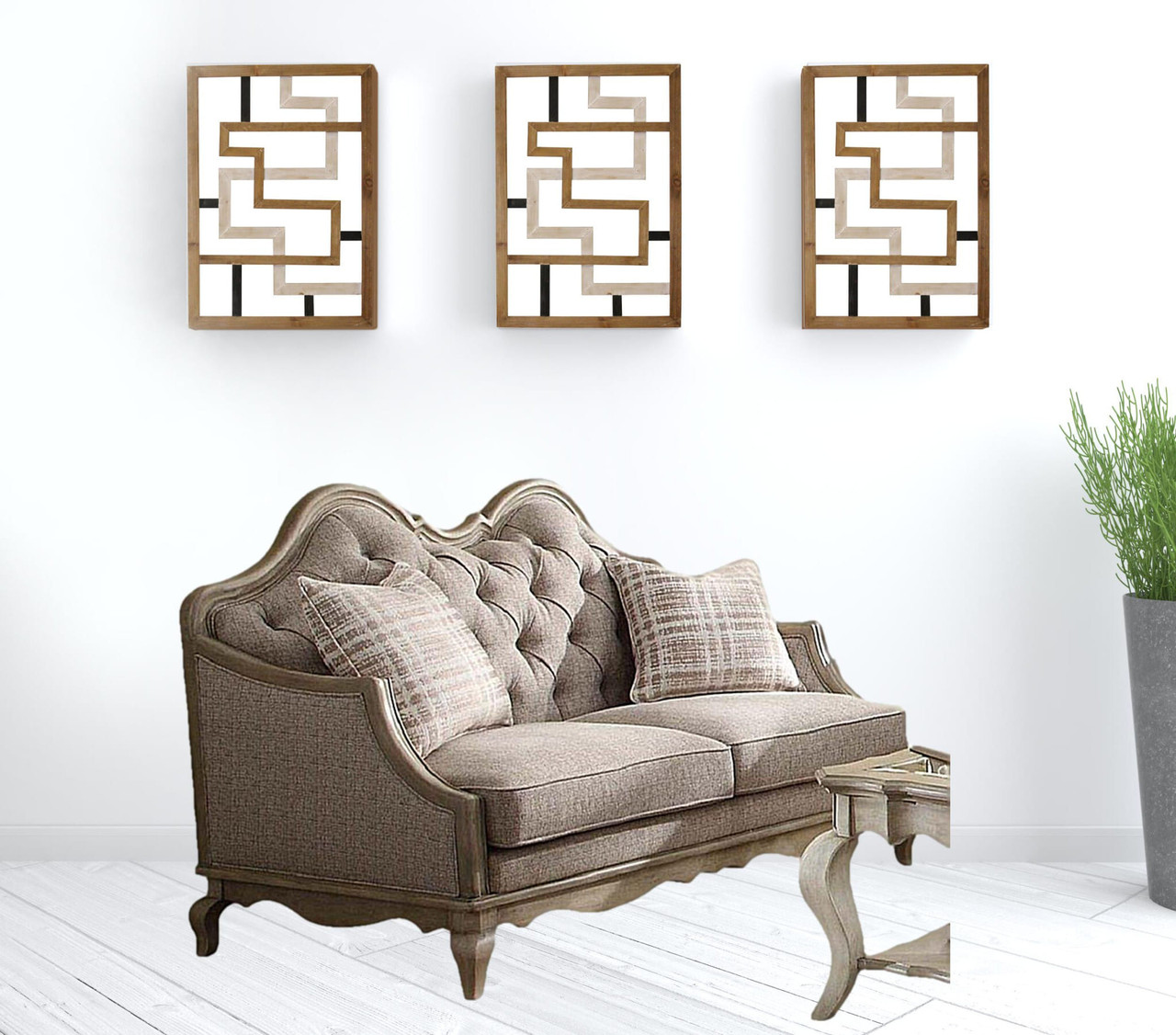 62" Beige And Brown Linen Loveseat and Toss Pillows