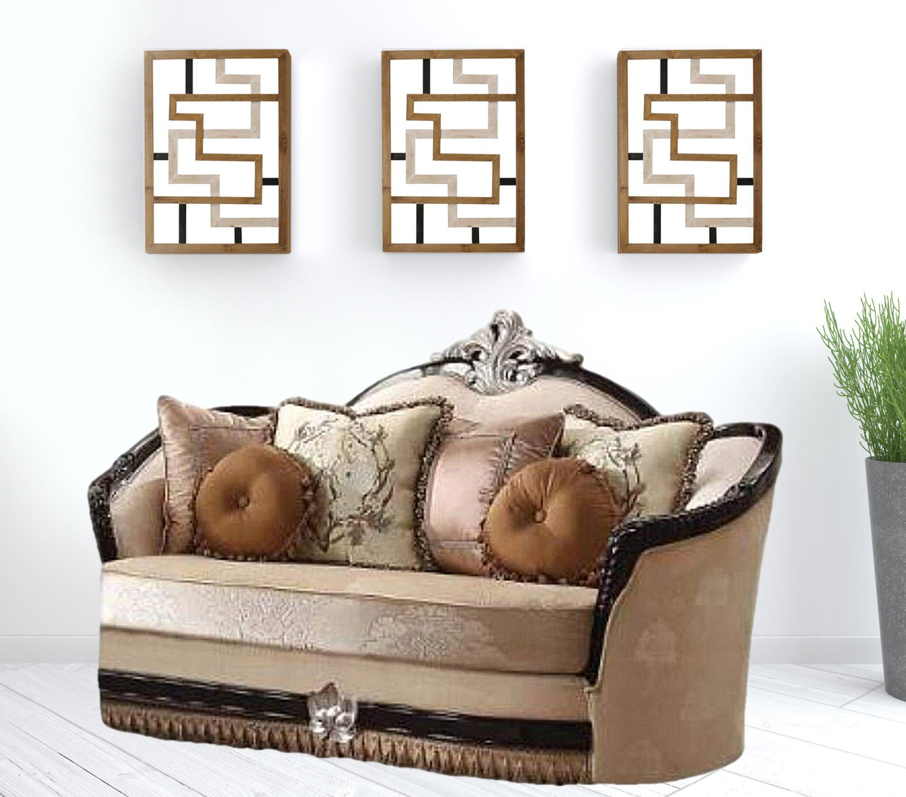 75" Tan Velvet Curved Loveseat and Toss Pillows