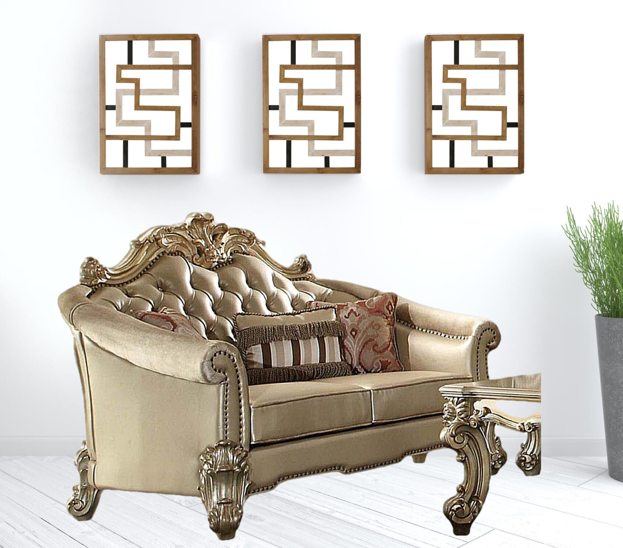 67" Bone And Gold Faux Leather Loveseat and Toss Pillows