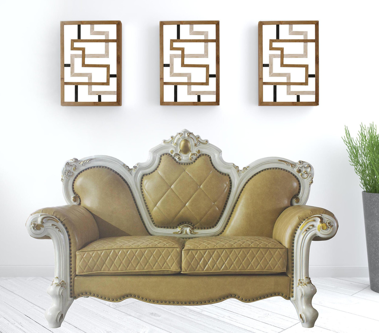 70" Golden Yellow And Pearl Faux Leather Loveseat and Toss Pillows