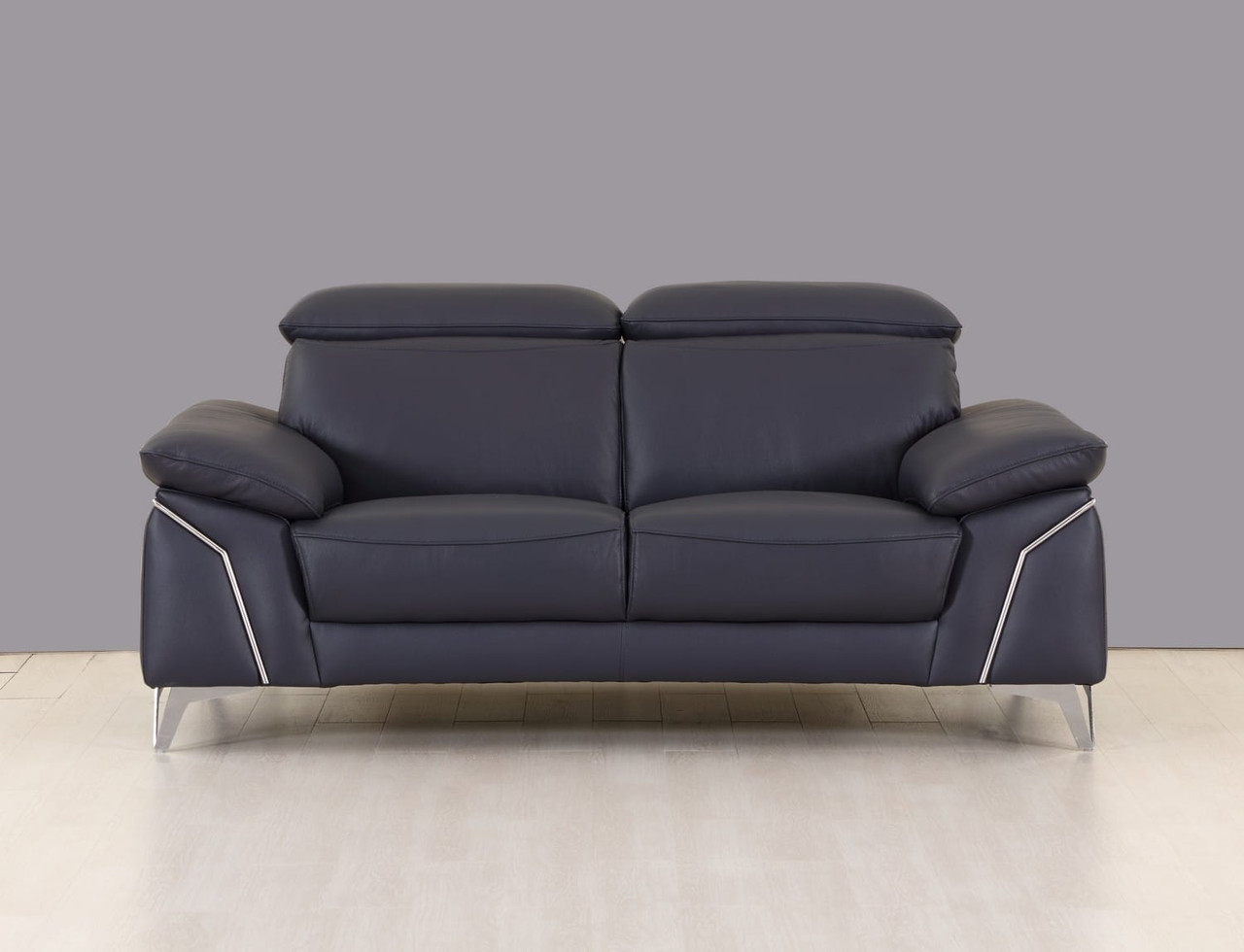 71" Navy Blue And Silver Genuine Leather Loveseat