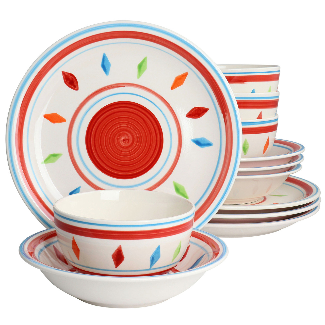 Gibson Home Heidy 12 Piece Hand Painted Durastone Dinnerware Set in Red