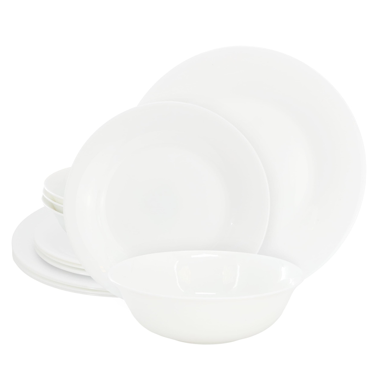 Gibson Ultra White Shadow 12 Piece Opal Glass Dinnerware Set in White