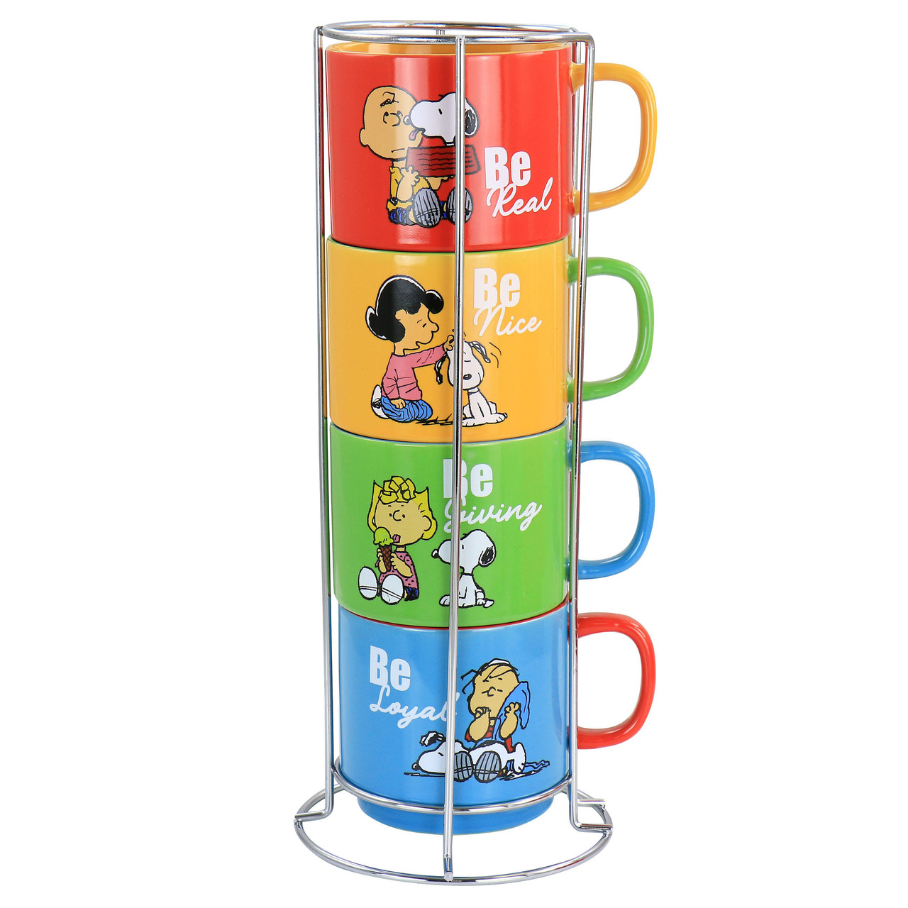 Gibson Peanuts Classic Gentle Reminders Collection 4 Piece Stoneware Stackable Mug Set with Metal S