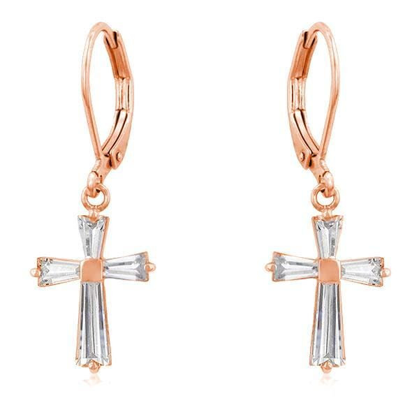 Rose Gold Plated CZ Cross Drop Earrings